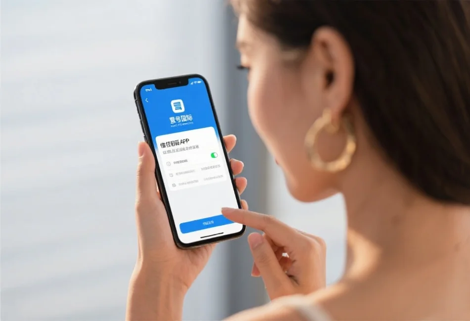 一位时尚女性手持iPhone，正在设置中为壹号国际APP信任企业级开发者，界面清晰可见