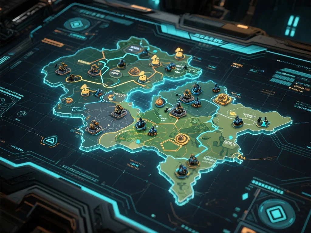 策略游戏战术地图,显示资源、单位与战略路径