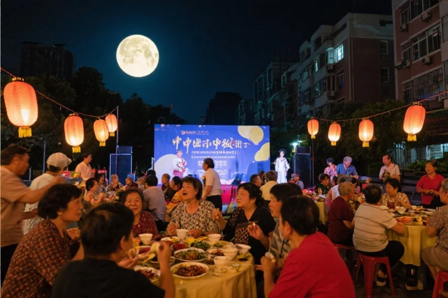 社区中秋晚会，居民围坐在灯笼和月光下共享美食，气氛热闹欢快